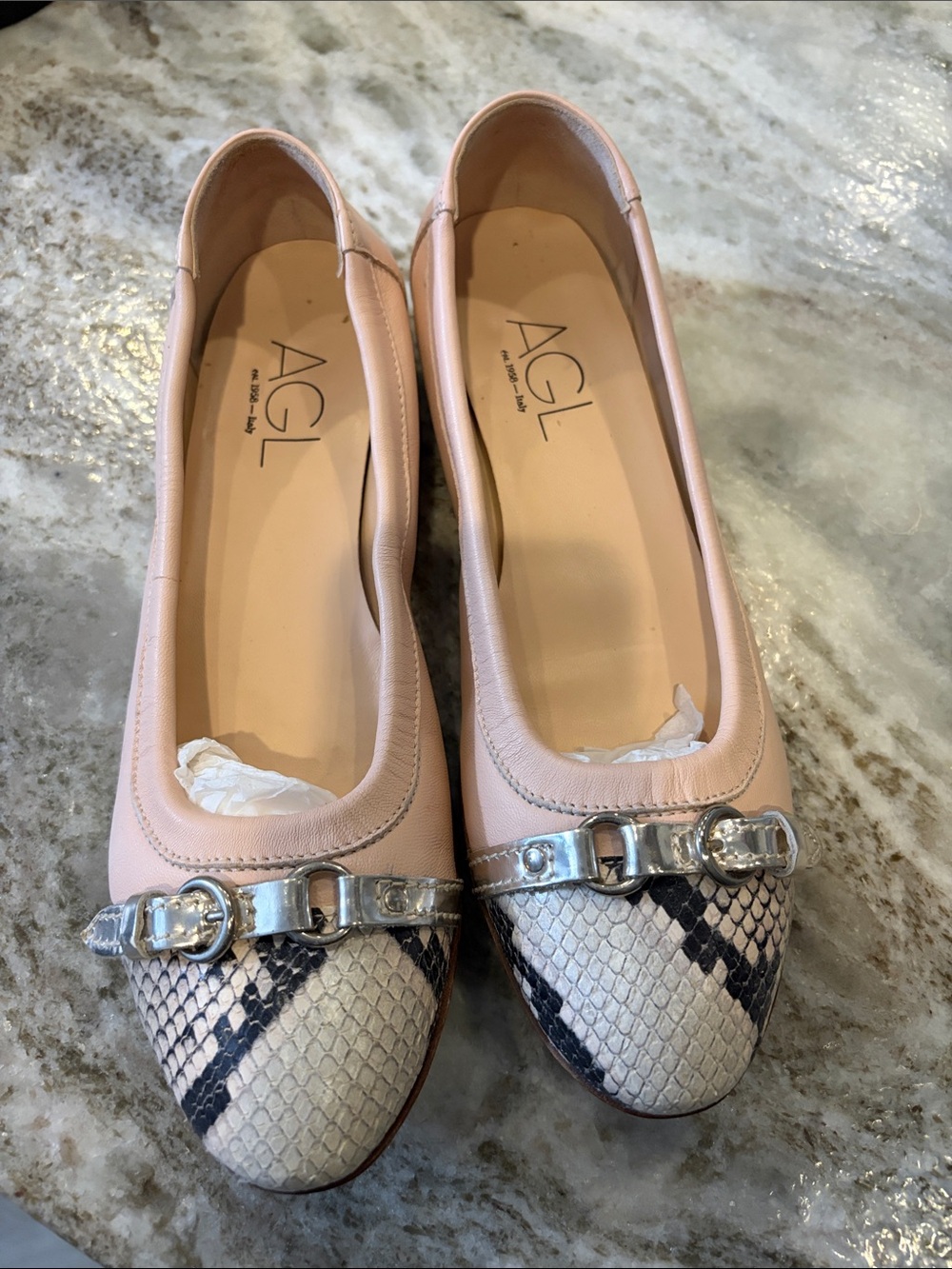AGL Pink Leather & Snakeskin Ballet Flats